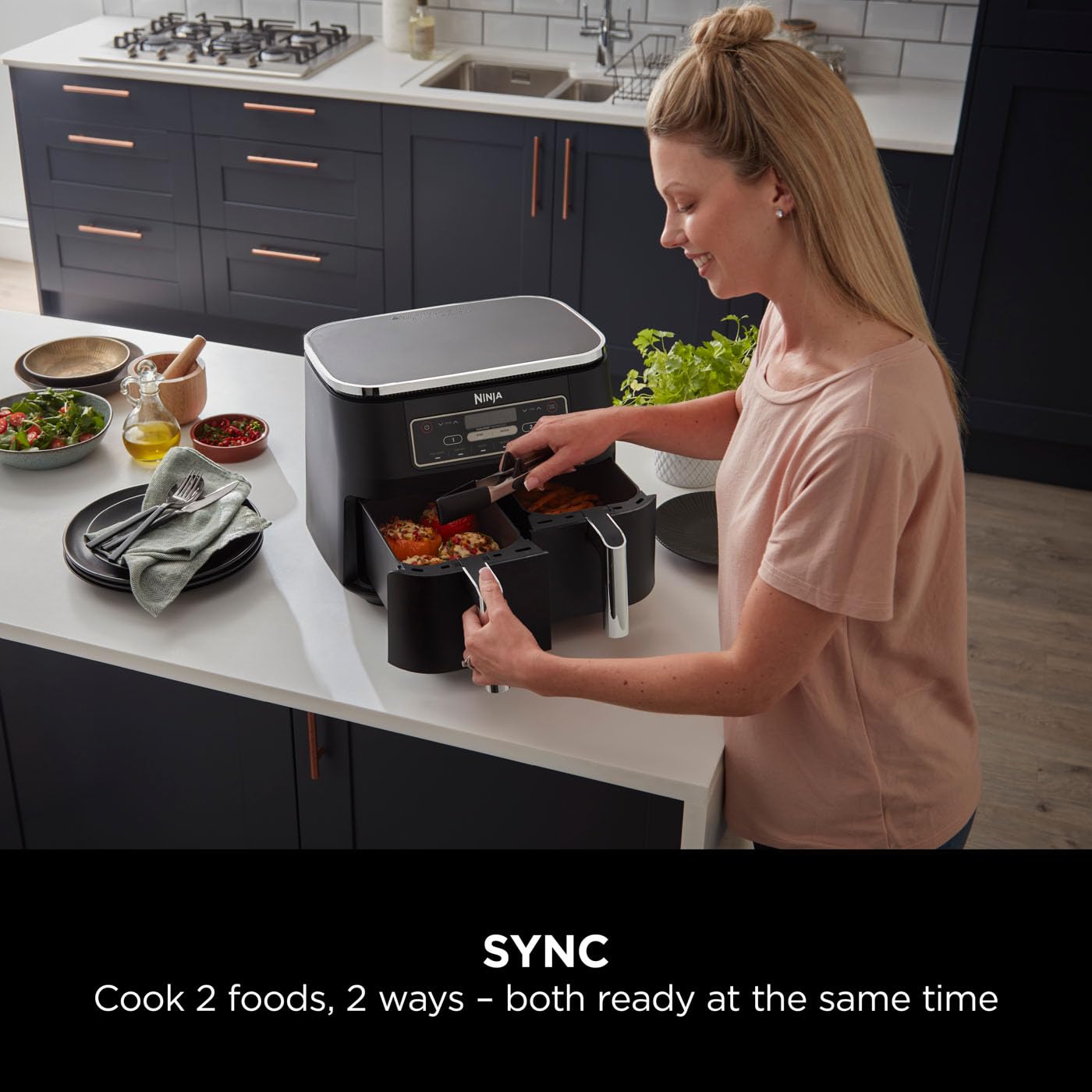 Ninja Foodi Dual Zone Digital Air Fryer, 2 Drawers, 7.6L, 6-in-1, Uses No Oil, Air Fry, Max Crisp, Roast